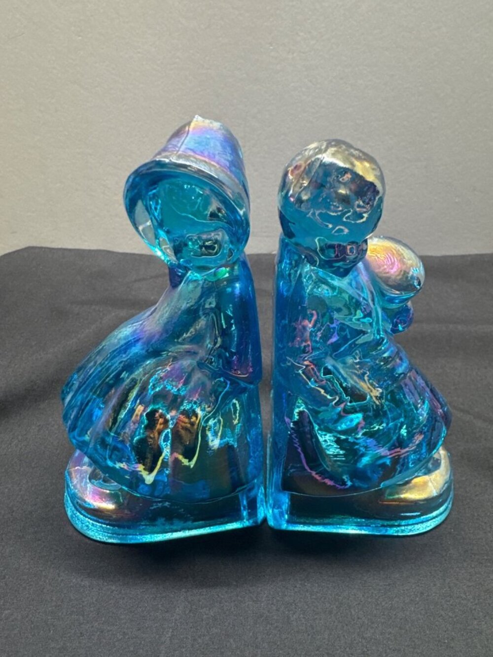 Vintage Wheaton Blue Carnival Iridescent Glass Boy & Girl Figurines Bookends 4.5